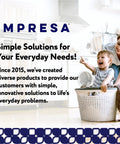 Mother and child with laundry basket, Impresa text overlay, promoting innovative solutions for everyday needs since 2015.