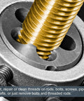 Premium M2.5 X 0.45 Right Hand Round Thread Die in HSS cutting threads on metal rod close-up