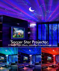 The Galaxy Star Projector Night Light 4 In 1 With Bluetooth Speaker White Noise casts colorful stars and a moon on a living room ceiling.