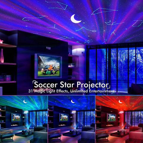 The Galaxy Star Projector Night Light 4 In 1 With Bluetooth Speaker White Noise casts colorful stars and a moon on a living room ceiling.