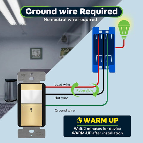 Installation diagram for Motion Sensor Light Switch With Ambient Light Level For Auto On Off Based On Occupancy Or Vacancy Modes No Neutral Needed