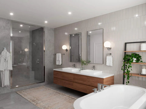 Modern bathroom with Deckard Single Handle Shower Faucet Trim Kit With Polished Chrome Multi-Function Shower Head visible in shower stall.
