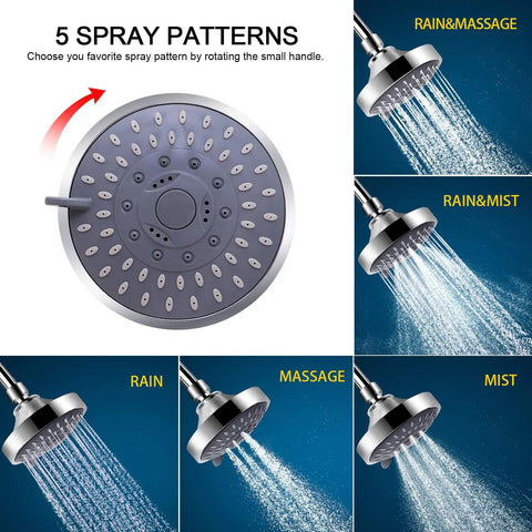High Pressure Shower Head Filter Combo With 15 Stage Filtration 5 Spray Settings Water Softener Cartridge For Hard Water Removes Chlorine And Harmful Substances Easy Install showing 5 spray patterns, including rain, mist, and massage.