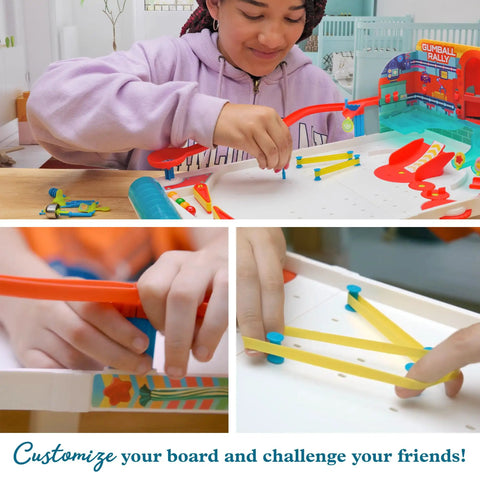 Child assembling Build Your Own Pinball Machine STEM Kit For Kids And Makers, Gumball Rally Edition, with reconfigurable parts.