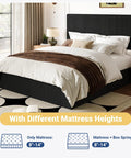 Ultra Legit Comfy Queen Bed Frame With Adjustable Corduroy Headboard And Sleek Black Platform Design For Your Bedroom Glow Up Easy Peasy Setup Solid Build Quality with different mattress heights.