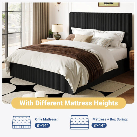 Ultra Legit Comfy Queen Bed Frame With Adjustable Corduroy Headboard And Sleek Black Platform Design For Your Bedroom Glow Up Easy Peasy Setup Solid Build Quality with different mattress heights.