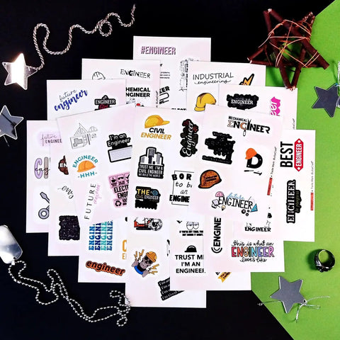Engineering Stickers Pack For Water Bottles And Laptops Waterproof Vinyl Decals For Engineers Gift Ideas For Women And Men Party Favors For Nerdy Tech Lovers Durable Eco Friendly displayed on a surface