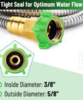 Stainless Steel Garden Hose With 4 Function Brass Nozzle 25 Ft close-up of green tight seal fitting and steel hose.