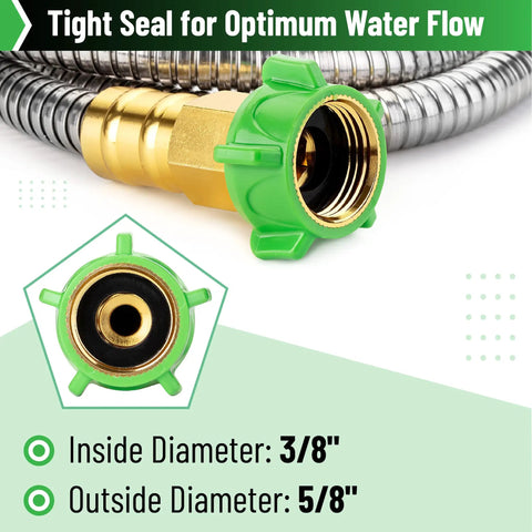 Stainless Steel Garden Hose With 4 Function Brass Nozzle 25 Ft close-up of green tight seal fitting and steel hose.