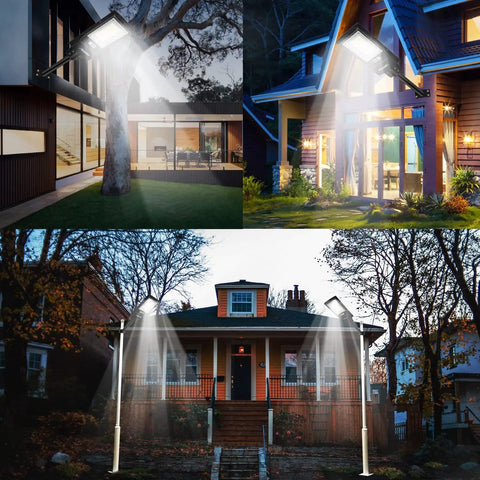 Two Pack 300W Solar Security Flood Lights With 10000LM 492 LEDs, 3 Modes Stay On, Timer Or Motion Sensor, illuminating houses