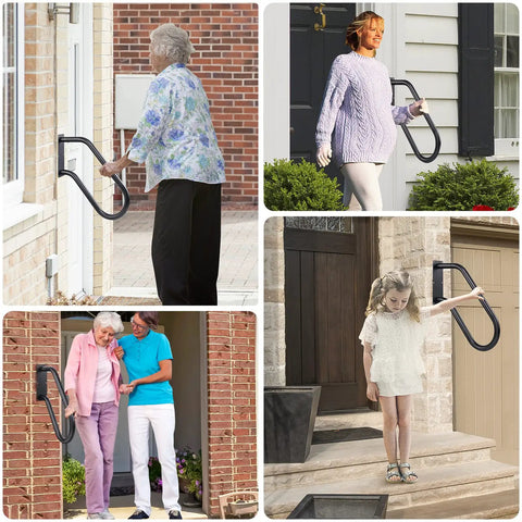 Collage of people using 304 Stainless Steel Handrail for Outdoor Steps, U Shaped Wall Mounted Railing, 18.5 Foot Length.