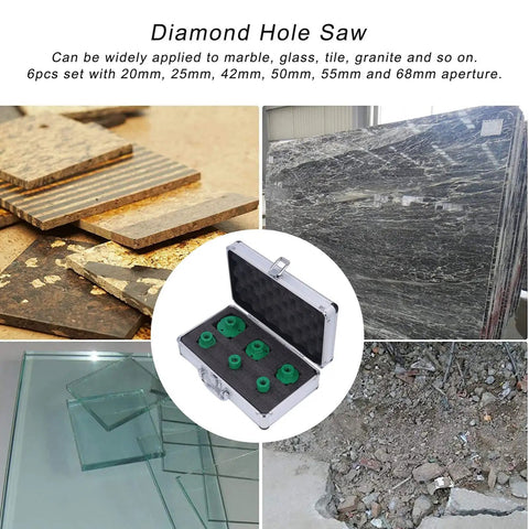 Premium 6-Piece Diamond Hole Saw Drill Bit Kit With M14 Thread For Glass Tile Marble Granite And Ceramic Dry Drilling Cutting Tools, 20mm-68mm, set in case