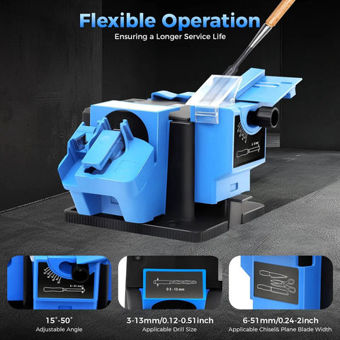 Electric Drill Bit Sharpener 110V Multifunction Grinding Tool for Knives Scissors Chisels with Adjustable Angle, blue tool on display