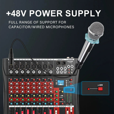 8 Channel DJ Audio Mixer With Bluetooth 5.0, USB Recording, MP3/USB Playback, Built-In Reverb, 48V Phantom Power, LED Display with microphone