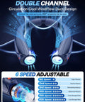 Hands Free Neck Fan With LED Book Light, Portable Cooling For Outdoor And Indoor Use, 6000mAh Rechargeable Battery Delivers 6-20 Hours, dual turbo fans, 6 speed