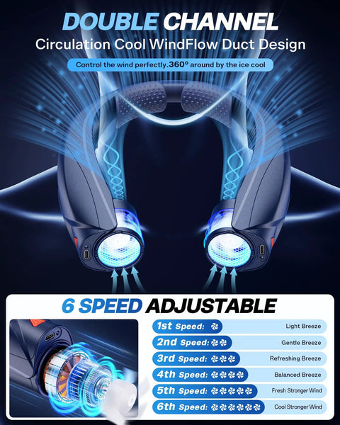 Hands Free Neck Fan With LED Book Light, Portable Cooling For Outdoor And Indoor Use, 6000mAh Rechargeable Battery Delivers 6-20 Hours, dual turbo fans, 6 speed