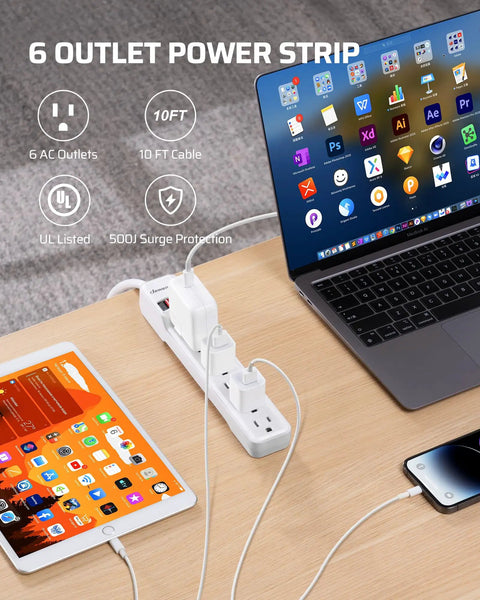 Six Outlet Surge Protector Power Strip With 10 Foot Extension Cord Flat Plug Low Profile Design Wall Mount White UL Listed 15 Amp Circuit Breaker 500 Joules Great for Home Office and Entertainment