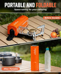 All In One Compact Portable Butane Camping Stove With Foldable Bucket Style Design And Included Carry Bag For Camping Outdoor Cooking And Emergency Use Orange Color Great For Backpacking Picnics shown folded and expanded on table