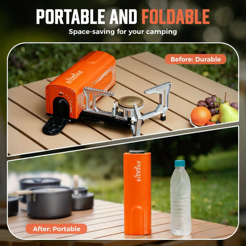 All In One Compact Portable Butane Camping Stove With Foldable Bucket Style Design And Included Carry Bag For Camping Outdoor Cooking And Emergency Use Orange Color Great For Backpacking Picnics shown folded and expanded on table