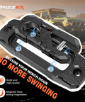 Beefy Heavy Duty Winch Fairlead With Hook For Off Road Recovery 33,000 Lbs Breaking Strength 17,600 Lbs Safe Working Load Aluminum Hawse Fairlead 40Cr Alloy Steel Core 1 Inch Bolt Pattern Fits Truck Jeep SUV ATV UTV Black, angled view