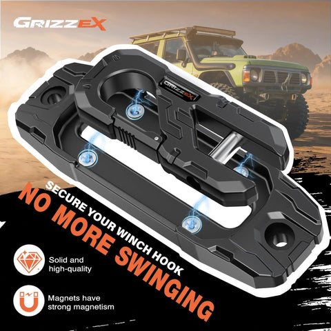 Beefy Heavy Duty Winch Fairlead With Hook For Off Road Recovery 33,000 Lbs Breaking Strength 17,600 Lbs Safe Working Load Aluminum Hawse Fairlead 40Cr Alloy Steel Core 1 Inch Bolt Pattern Fits Truck Jeep SUV ATV UTV Black, angled view