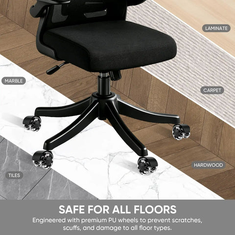 Heavy Duty Five Pack Super Slick Office Chair Caster Wheels With Silent Dual Bearings For Dang Smooth Swivel Glide On Hardwood Or Carpet showing black chair on various floors.