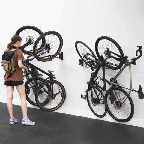 Two Pack Wall Mount Bike Rack Set For Garage Storage Holds Two Mountain Bikes Up To 70 Lb Each No Lift Vertical Hanger