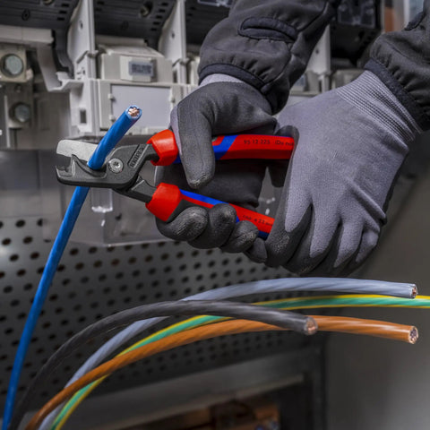 Person using StepCut XL Cable Shears 9 Inch High Leverage For Thick Cables with Easy Grip Comfort Handles on blue cable.