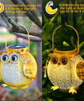 Two Pack Hanging Solar Lanterns With Owl Pattern Waterproof Metal Outdoor Garden Lights showing daytime charging and nighttime glow.
