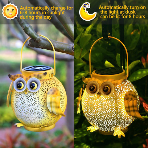Two Pack Hanging Solar Lanterns With Owl Pattern Waterproof Metal Outdoor Garden Lights showing daytime charging and nighttime glow.