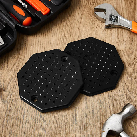 Heavy Duty Rubber Lifting Arm Pads 4 Pack Universal Octagon Shop Grade Auto Hoist and Floor Jack Protectors to Shield Pinch Welds and Subframes on wooden surface.