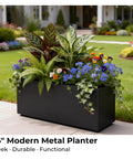 Rectangular Metal Planter Box 36x12x16 Matte Black With Insert Shelf, Drainage Holes And Bottom Water Collection Tray on patio
