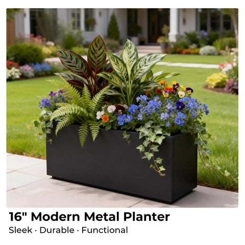 Rectangular Metal Planter Box 36x12x16 Matte Black With Insert Shelf, Drainage Holes And Bottom Water Collection Tray on patio