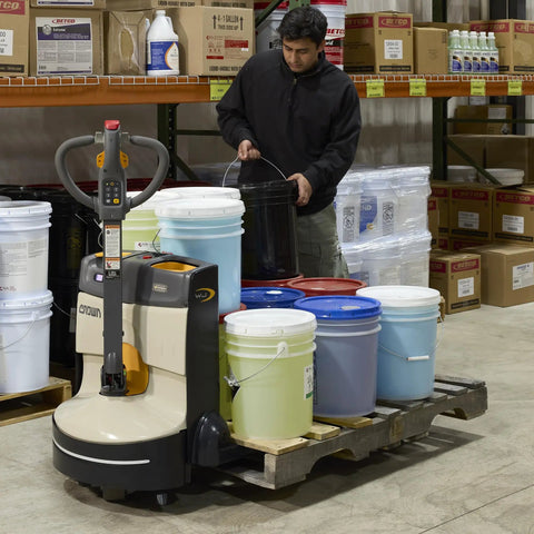 Compact Crown Wj 50 Electric Pallet Jack With Lithium Battery For Easy Warehouse Hauling One Hand Operation And Fast Chargin with colorful buckets