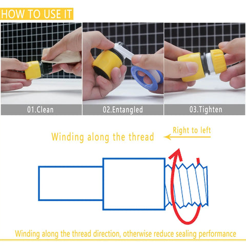 PTFE Plumbers Tape Two Pack 0.5 Inch Wide Teflon Tape usage on pipe threads, showing clean, wrap, and tighten steps for leak prevention.