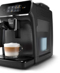 Crisp Roast Fully Automatic Espresso Maker With Killer LatteGo Milk Frothing, front view with latte in glass cup and frother.