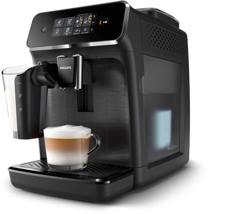 Crisp Roast Fully Automatic Espresso Maker With Killer LatteGo Milk Frothing, front view with latte in glass cup and frother.