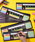 Huge 48 Pack Chalkboard Style Self Adhesive Desktop Nameplates for Classroom Use with educational charts and writing space