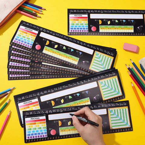 Huge 48 Pack Chalkboard Style Self Adhesive Desktop Nameplates for Classroom Use with educational charts and writing space