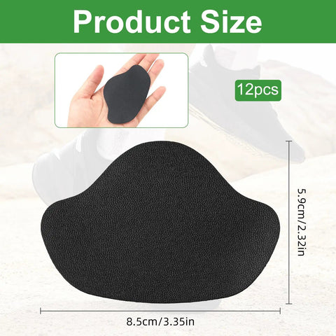 Self Adhesive Inside Shoe Heel Patches 12 Pack For Quick Hole Repair Black Interior Shields Breathable Comfort Fit To Stop Worn Areas From Spreading In Most Shoes with size dimensions shown