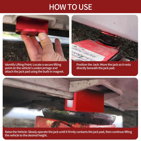 Grooved Pinch Weld Jack Pad With Magnetic Puck And Slotted Frame Rail Guard demonstration on vehicle lift point.