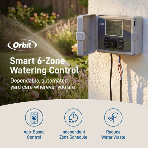 B Hyve Smart Indoor Outdoor Sprinkler Controller 6 Zone App Controlled Smart Controller displayed on a wall