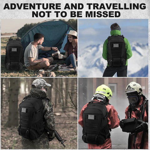 Rugged 30L Tactical Backpack for Men and Women shown in outdoor, tactical, and emergency scenarios, highlighting versatile use.