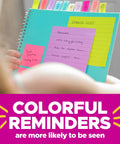 Colorful sticky notes on a notebook with reminders, emphasizing visibility for organization and easy reminders on the fly.