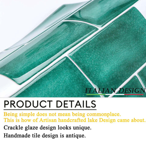 Close-up of 12x10 Inch Peel And Stick Backsplash Tile For Kitchen And Bathroom, showing green crackle glaze subway tile look and details