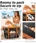 Spacious Beach Tote With Mesh And Canvas Construction, Top Zipper For Secure Access shown on a beach with towels and accessories.