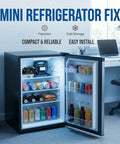Mini fridge open with drinks, displaying 4.7 Ohm 1 Pin PTC Start Relay With Refrigerator Overload Protector For Most Mini Fridges And Coolers.