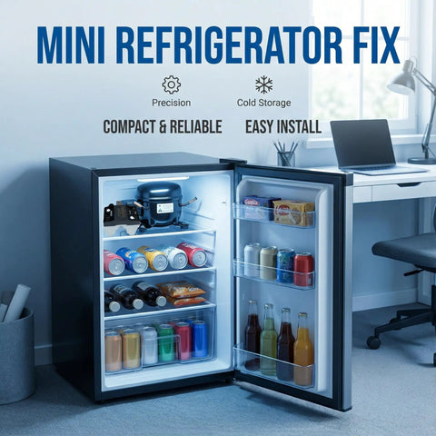 Mini fridge open with drinks, displaying 4.7 Ohm 1 Pin PTC Start Relay With Refrigerator Overload Protector For Most Mini Fridges And Coolers.
