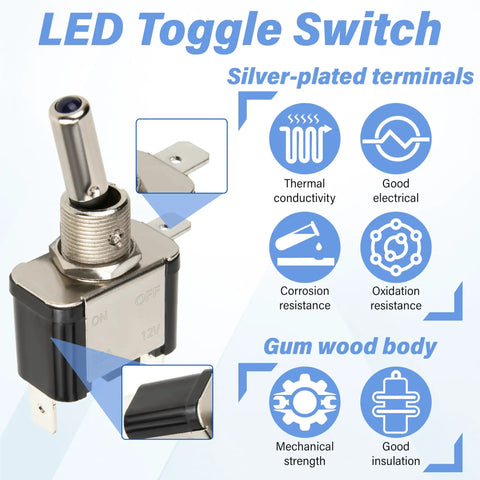 Three Pack LED Lighted Rocker Toggle Switch 12V SPST 3 Pin 2 Position On Off With Silver Plated Terminals And Gum Wood Body Built Tough For Easy DIY Auto Electronics Projects, close-up