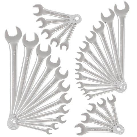 32 Piece Chrome Vanadium Wrench Set With SAE And Metric Sizes displayed with open-end combination layout